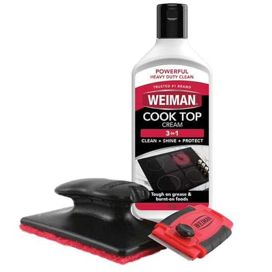 Weiman Glass Cooktop & Stove Top Cleaner Kit, Removes Grease & Burnt-On Food, Safe for Gas, Induction, Electric Cooktops & Air Fryers, Streak-Free Shine, Includes Stove Scraper & Scrubbing Pad, 10 oz