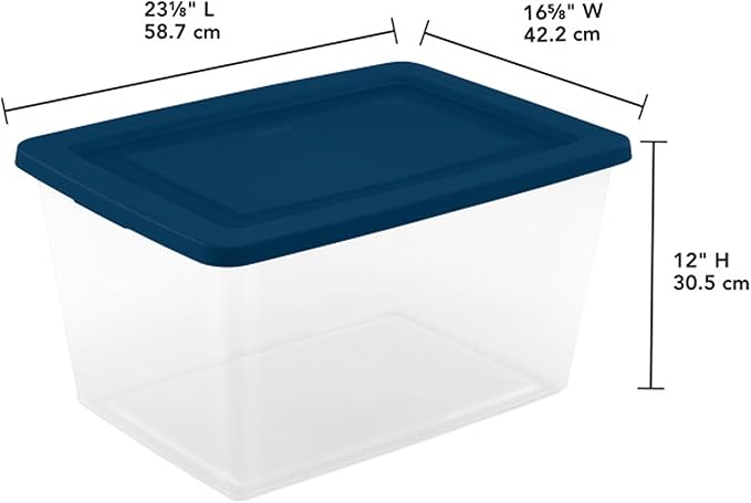Sterilite 24 Pack Storage Boxes, Clear Plastic Stackable Containers, Lightweight Home Organizers with Snap Lids, 58 Quart, Marine Blue