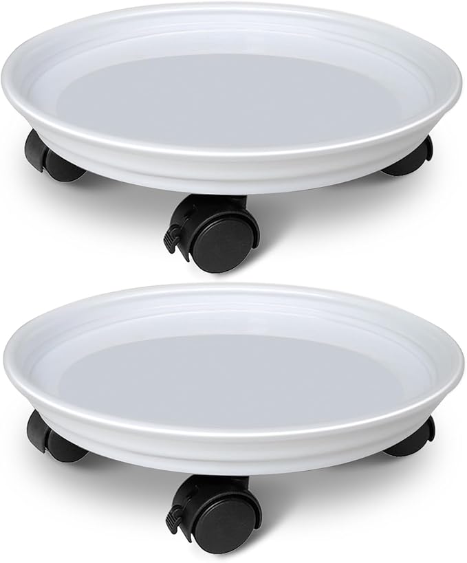 2 Pack of Plant Stand Rolling Caddy with Wheels, Movable Flower Plant Pot Pallet, Indoor Outdoor Planter Tray Dolly, White