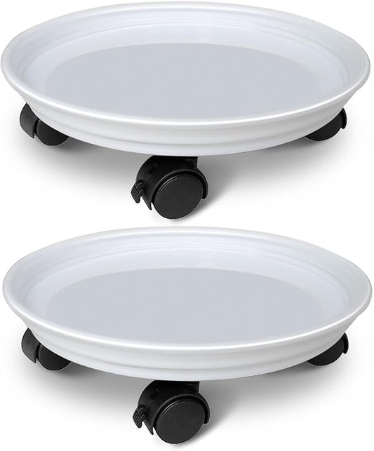 2 Pack of Plant Stand Rolling Caddy with Wheels, Movable Flower Plant Pot Pallet, Indoor Outdoor Planter Tray Dolly, White
