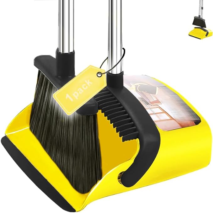 Upgraded Broom and Dustpan， with 52" Long Handle, Dustpan Teeth with self-Cleaning Function, Indoor and Outdoor Sweeping, Perfect for Home Office