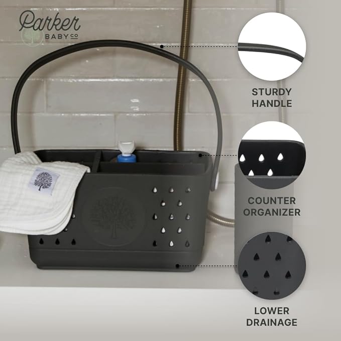 Parker Baby Bath Caddy | BPA Free & Food Grade Shower Caddy Organizer for Toys & Supplies | Quick-Dry, Sturdy & Perfect Size Shower Basket w/Handle in Neutral Colors