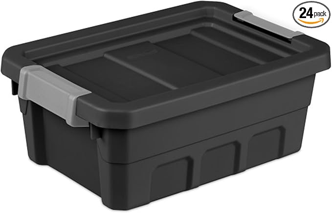 Sterilite 24-Pack Plastic Storage Bins with Lids, Stackable Containers, 4 Gallon, Black