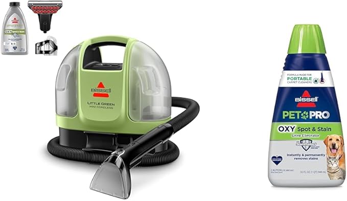 BISSELL Little Green Mini Cordless Portable Carpet and Upholstery Deep Cleaner, 4015 + BISSELL® PET PRO OXY Spot & Stain Formula for Portable Carpet Cleaners, 32 oz., 2034