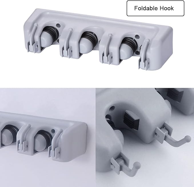 Mop and Broom Holder Broom Hanger Wall Mounted Home Garden Garage Tool Organizer Storage Rack 3 Slots with 4 Hooks,Grey