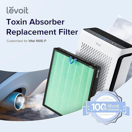 LEVOIT Genuine Vital 100S-P Air Purifier Toxin Absorber Replacement Filter, Supports HEPA Sleep Mode, High-Efficiency Activated Carbon for Removal of Odor, Pollen, Vital 100S-RF-TX, Green, 1 Pack