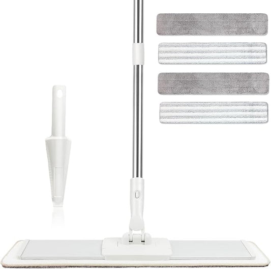 CQT Commercial Flat Microfiber Floor Mop Cleaning System 20" Wet Dry and Dust Hardwood with 4 Washable Pads Cleaner for Laminate Tile Stainless Steel Handle and Extension (PT15 New)