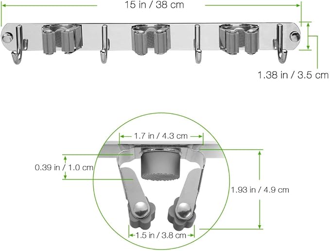 Broom Closet Organizer Wall Mounted, Heavy Duty Stainless Easy Install Broom Mop Holder with 3 Racks 4 Hooks (Grey)