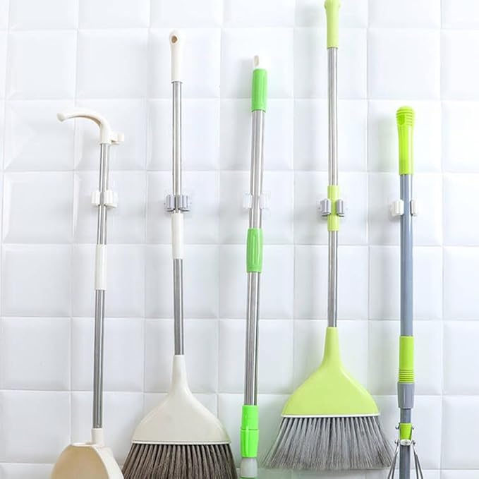Broom And Mop Holder Clip 4 Pcs Mop Broom Wall Mounted Heavy Duty With Plastic Hooks Hanger No Drilling Mop Gripper For Home Bathroom Kitchen (white)
