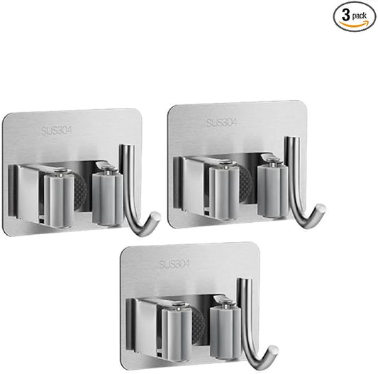 3-piece Stainless steel broom and mop multifunctional bracket hook - self-adhesive, no drilling required - universal for kitchen, bathroom, and garden (silver)