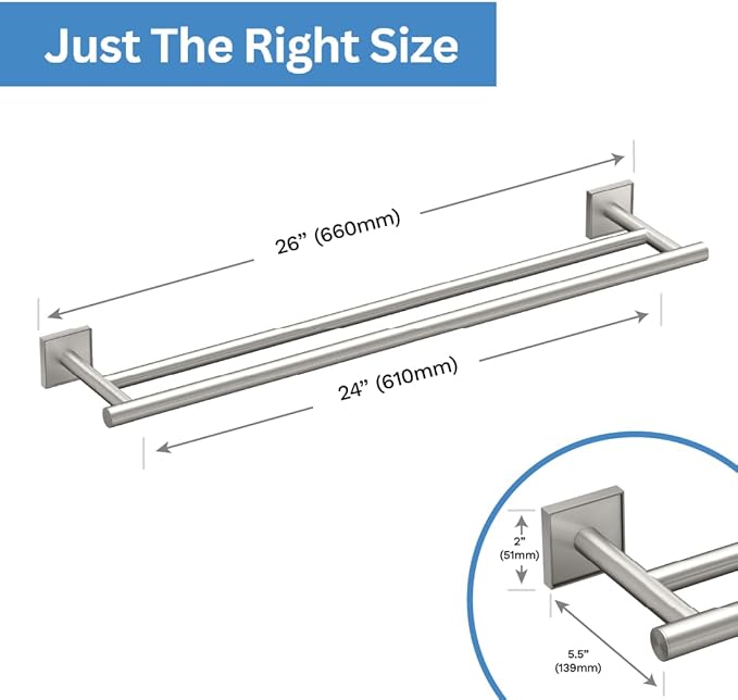 Gatco 5624 Mode Double Towel Bar, Satin Nickel/Wall Mounted 24 Inch Double Towel Holder Rack for Bathroom