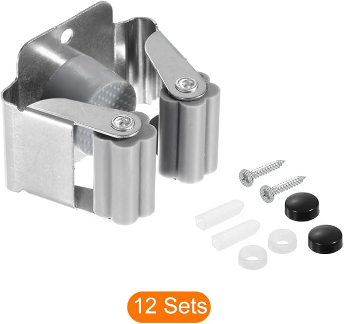 uxcell 12pcs Mop Broom Holder Wall Mount, 304 Stainless Steel Mop and Broom Holder, Wall Mounted Broom Hanger for Bathroom, Kitchen, Office, Grey