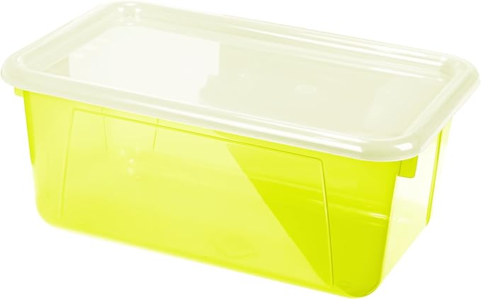 Storex Small Cubby Bins – Plastic Storage Containers for Classroom with Non-Snap Lid, 12.2 x 7.8 x 5.1 inches, Tint Yellow, 5-Pack (62482U05C)