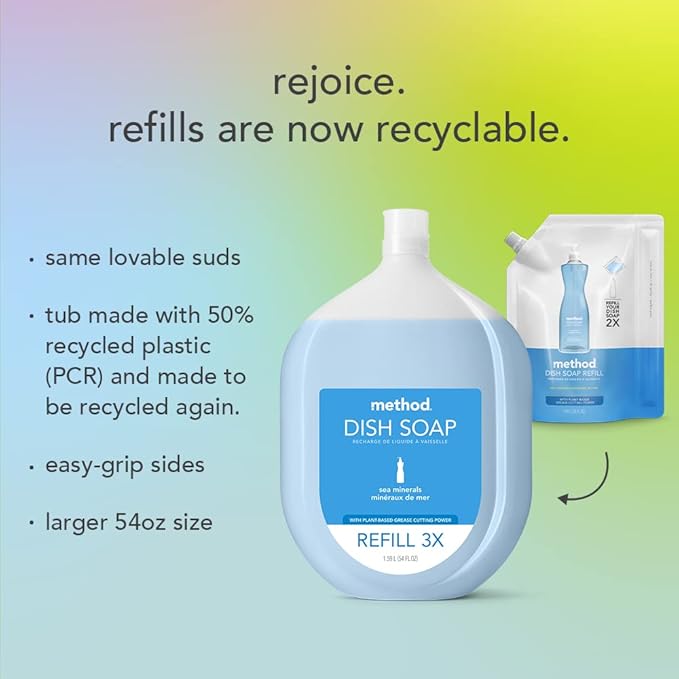 Method Gel Dish Soap Refill, Lime + Sea Salt Scent, Powerful Cleaning Formula, Large Refill Tub, Cuts Through Grease, 54 Fl Oz (Pack of 4)