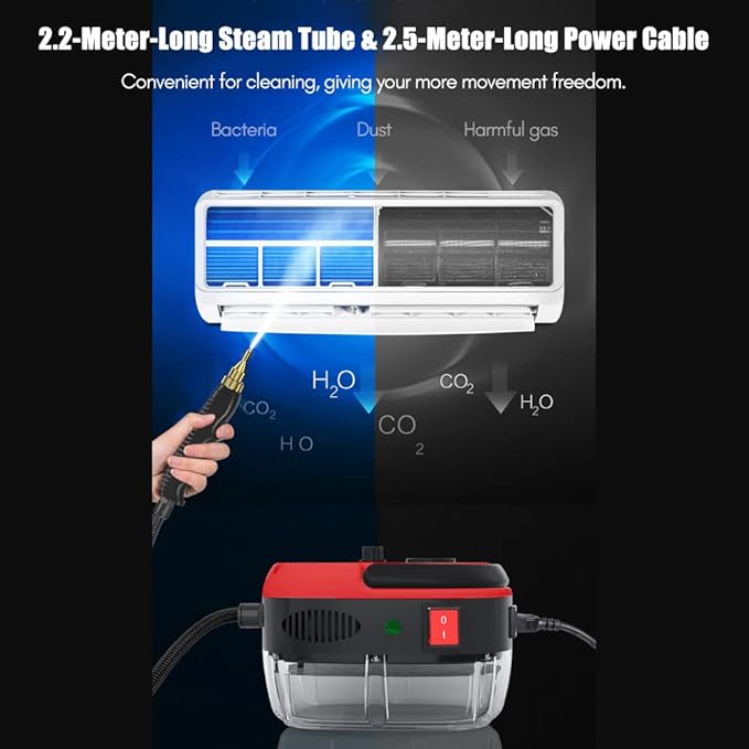 Irishom 2500W Handheld Steam Cleaner High Temperature Pressurized Steam Cleaning Machine Portable Car Steamer with Brush Heads (Red)