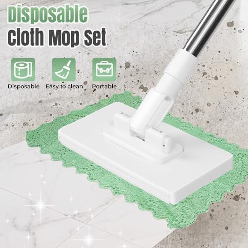 Disposable Dust Mop with Pressure Clamping System, 39 inch Long Handle Wet and Dry Flat Mopping Sweeper Stick with Locking Head & Sweeping Cloths for Multi Surface Floor Cleaning (1 mop+5 Clothes)