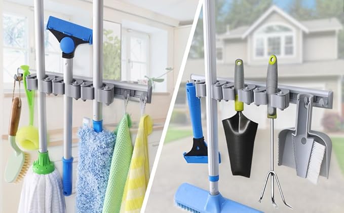DrDirt Broom Holder Wall Mount, Heavy Duty Aluminum Mop and Broom Organizer with 3 Slots and 4 Hooks, Wall Mounted Storage for Kitchen, Bathroom, Laundry Room, Garage, Closet