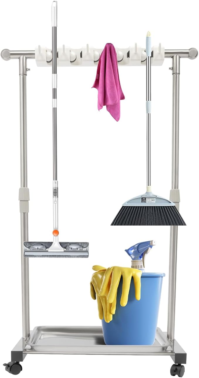 Broom Holder, Broom Rack Mop Rack Stand Cart, Stainless Steel Movable Floor Standing Cleaning Tool Rack, Cleaning Supplies Organizer for Schools, Hospitals, Factories, Hotels, Restaurant