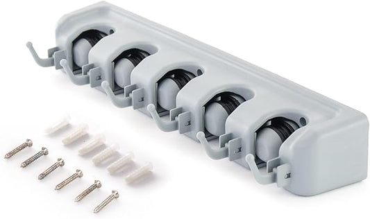 ForHauz Broom Holder with 5 Holding Positions & 6 Hooks, Easy Wall Mount Storage for Organizing Garage or Closet