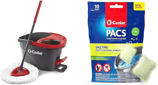 O-Cedar EasyWring Microfiber Spin Mop, Bucket Floor Cleaning System, Red, Gray + O-Cedar PACS Hard Floor Cleaner, Crisp Citrus Scent