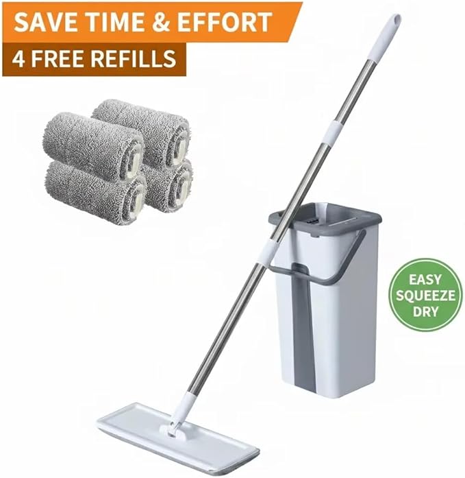 Mop and Bucket Set with Wringer, Flat Mops for Floor Cleaning, Wall Mop Cleaner with Long Handle, Hardwood Floor Mop with 4 Microfiber Pads (Grayish-White)