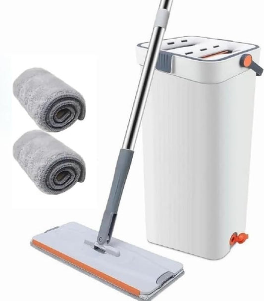 Mop and Bucket Set with Wringer with 2 Microfiber Pads, 360° Rotatable Flat Mops for Floor and Windows Cleaning, Cleaner with 60'' Long Handle, Hands Free Hardwood Floor Mop, Wet and Dry Use Orange