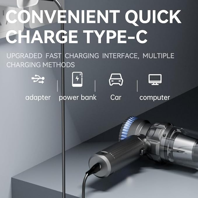 Car Vacuum Portable Cordless, 19000PA Suction Power [3 Suction Modes] & 6000mAh Battery [USB-C Charging Cable], 4-in-1 Wireless Mini Handheld Cleaner for Home, Car, Pet, Office