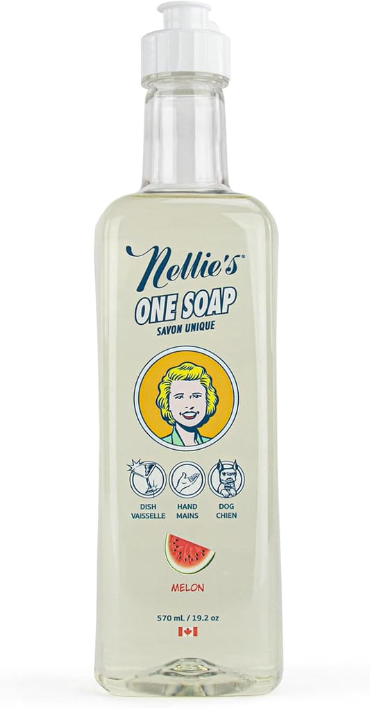 Nellie's One Soap – Melon Scent – Gentle Multi-Purpose Cleaner for Dishes, Hands & Household Surfaces – Plant-Based Formula – 19.2 oz (Made in Canada)