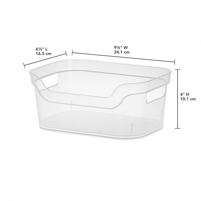 Sterilite 9.5 x 6.5 x 4 Inch Small Open Scoop Front Clear Storage Bin with Comfortable Carry Through Handles for Household Organization (64 Pack)