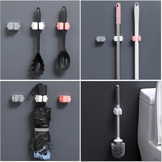 AKOAK Plastic Mop and Broom Holders - Wall Mounted Self-adhesive Broom and Mop Organizer, Wall Storage Organizer, for Home, Kitchen, Bathroom, Garden, Garage Storage, Pack of 4
