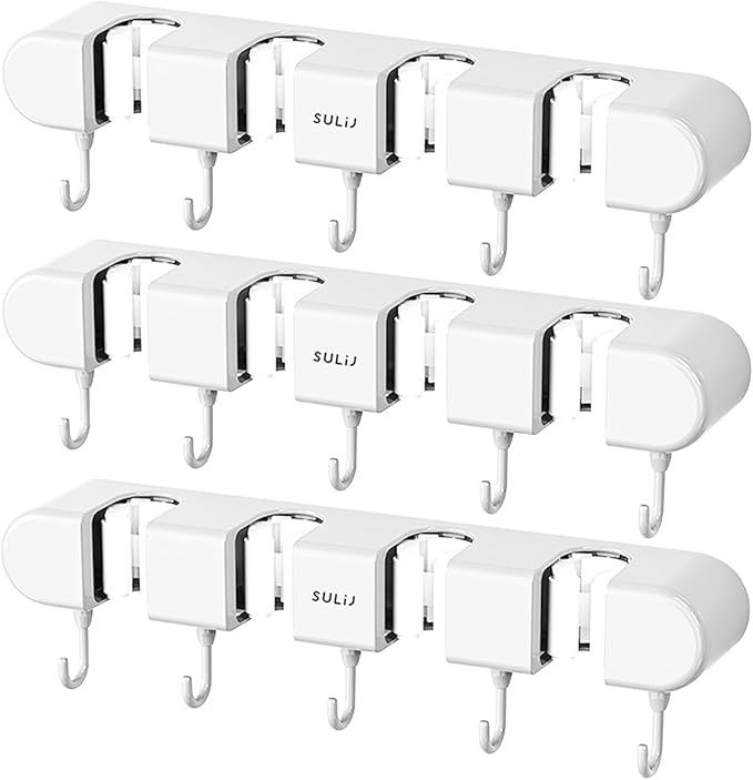 Mop Broom Holder Wall Mounted, 5 Racks and 4 Hooks Punch Free Mop and Broom Holder Wall Mount Broom Rack, Heavy Duty Hooks Self Adhesive Solid Non-slip for Home Kitchen Garden Laundry (3, White)