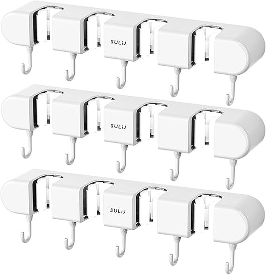Mop Broom Holder Wall Mounted, 5 Racks and 4 Hooks Punch Free Mop and Broom Holder Wall Mount Broom Rack, Heavy Duty Hooks Self Adhesive Solid Non-slip for Home Kitchen Garden Laundry (3, White)