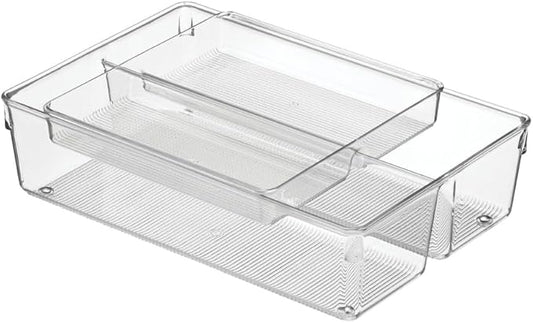 mDesign Plastic Stackable Kitchen Storage Drawer Organizer Bin with 2-Tier Tray for Cabinet, Pantry, Drawer, Refrigerator, Freezer - Hold Utensils, Flatware, Appliances - Ligne Collection - Clear