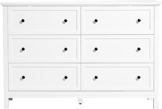 VEVOR 6 Drawer White Dresser, Wood Dresser Chest of Drawers with Middle Sliding Leg, Closet Storage Clothes Organizer for Bedroom, Living Room, Hallway, Entryway, Wide Drawer with Metal Handles