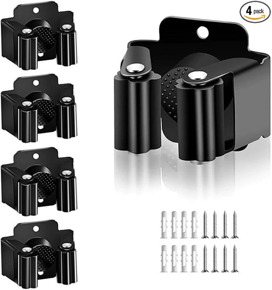 AKOAK Broom and Mop Rack Holder, Wall Storage Organizer, Screw Mount, Garden Tool Organizer Stainless Steel Mop Rack, Home, Kitchen, Bathroom, Garden, Garage Storage (4 PCS, Black)