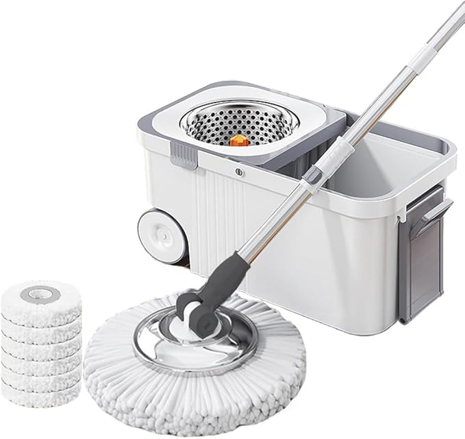 360 Spinning Floor Cleaning System with 6 Extra Refills Heads Extended Handle Household Cleaning Automatic Hand-Free Automatic Dehydration Mop for Household Floor Cleaning (White Blue)