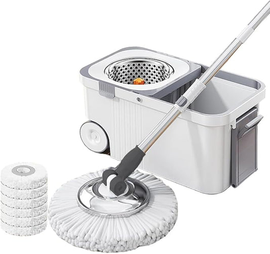360 Spinning Floor Cleaning System with 6 Extra Refills Heads Extended Handle Household Cleaning Automatic Hand-Free Automatic Dehydration Mop for Household Floor Cleaning (White Blue)