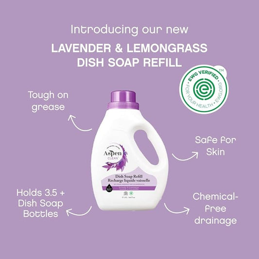 AspenClean Natural Dish Soap Refill Lavender and Lemongrass - 100% Natural, Organic, Baby-Safe, Pet-Friendly, Vegan, Cruelty-Free, Biodegradable - EWG VERIFIED & EcoCert Certified (2 Pack)