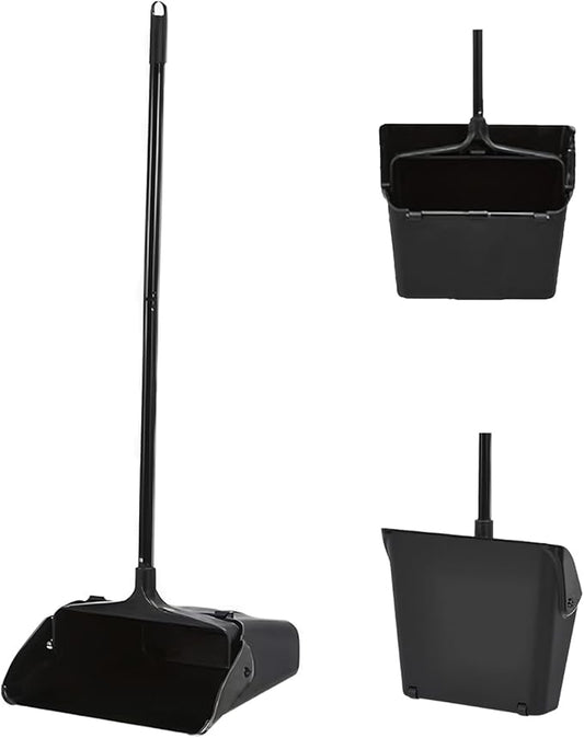 Pivoting Upright Dust Pan with Long Handle and Wheels, Large Capacity, Heavy Duty Commercial Dustpan for Indoor Outdoor, Standing Dust Pan for Home and Restaurant Cleaning, Black