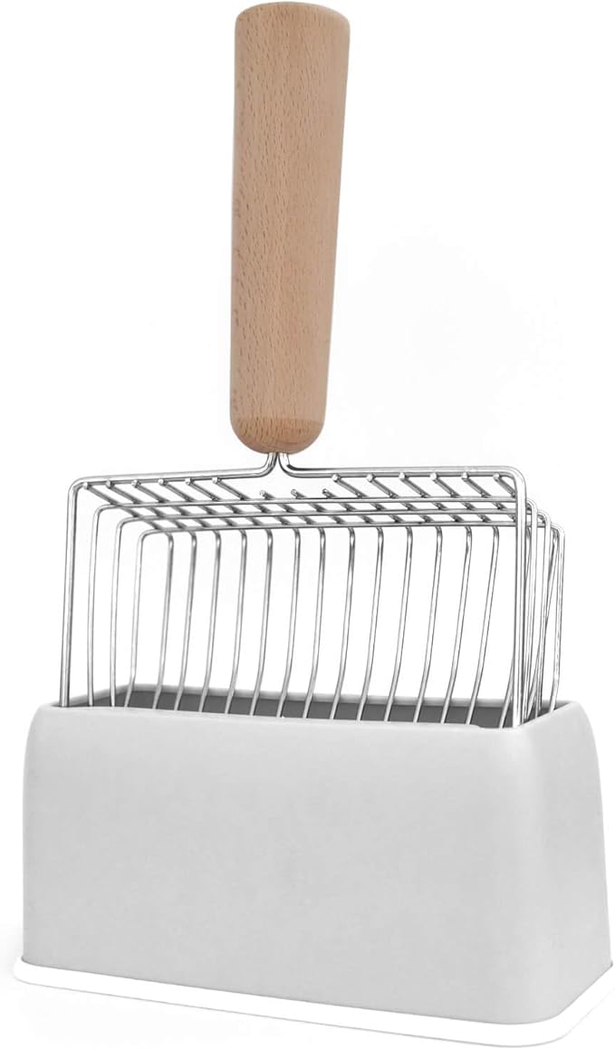 Cat Litter Scoops with Base Bracket, Kitty Scoop, Metal Cat Litter Scoop - Heavy Duty Litter Scooper & Speed Sifter with Comfortable Beech Wood Grip - Heavy Duty and Easy Clean