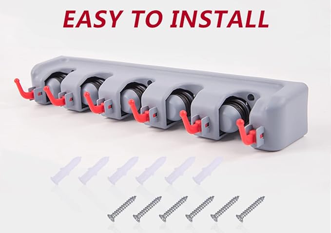 Broom and Mop Holder Wall Mount -Mop and Broom Storage Rack Wall Mounted Utility Rack (3 Slots 4 Hooks-Grey+Red)