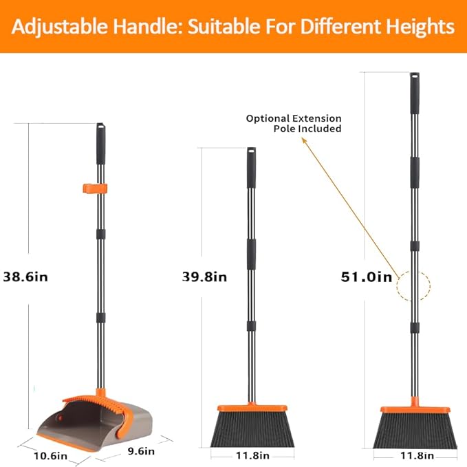 2-Pack is More economical，Upgraded Upright Broom and Dustpan Combo with 52" Long Handle, Dustpan Teeth with self-Cleaning Function, Indoor and Outdoor Sweeping, Perfect for Home Office.