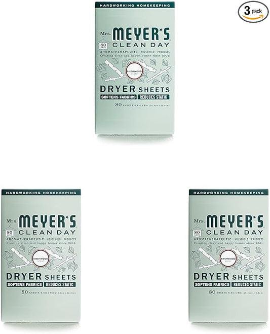 MRS. MEYER'S CLEAN DAY Dryer Sheets, Fabric Softener, Reduces Static, Infused with Essential Oils, Birchwood, 80 Count (Pack of 3)
