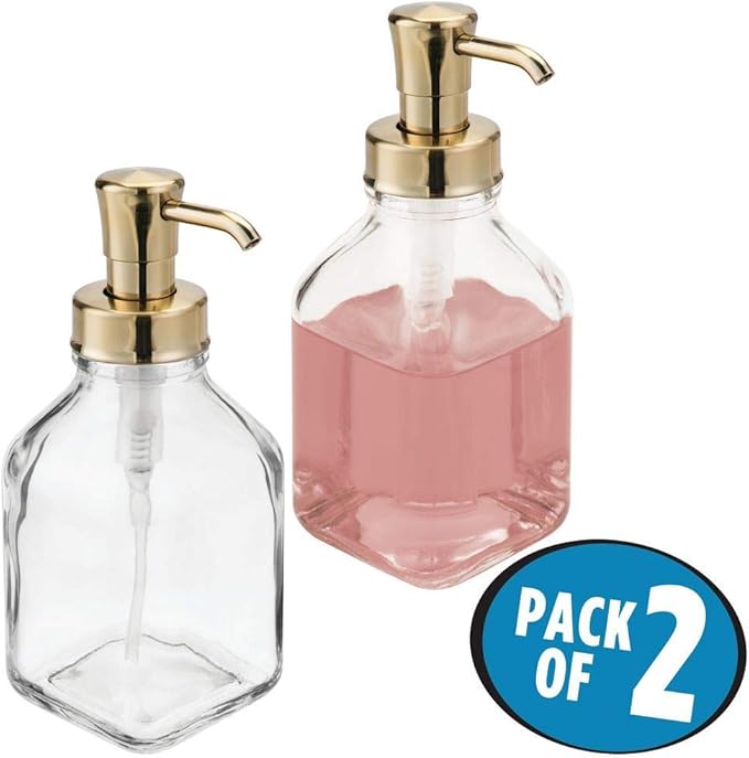 mDesign Square Glass Refillable Liquid Soap Dispenser Pump Bottle for Bathroom Vanity Countertop, Kitchen Sink - Holds Hand Soap, Dish Soap, Hand Sanitizer, Essential Oils - 2 Pack - Clear/Soft Brass
