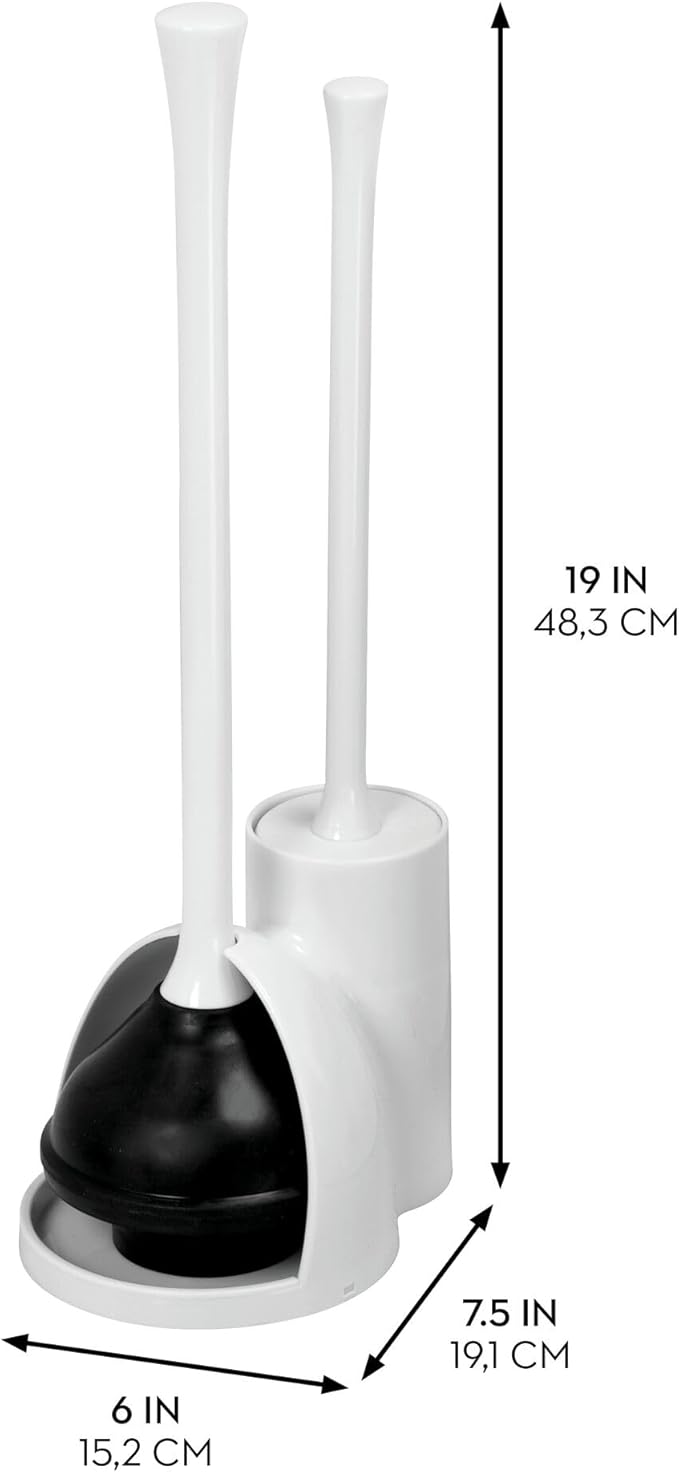 iDesign Compact Plunger Set for Bathroom Cleaning and Storage-Set of 2-White Toilet Brush