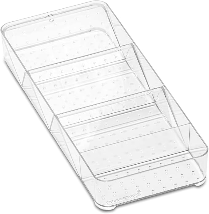 madesmart Angled Storage Tray, Make-up Bathroom Organizer, Lipstick, Razors, Q-Tips, Bath Essentials Angled for Easy-Viewing, Small, Clear