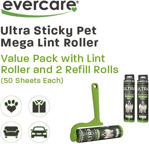 Evercare Ultra Sticky Pet Mega Lint Roller Value Pack with Lint Roller and 2 Refill Rolls, 50 Sheets Each