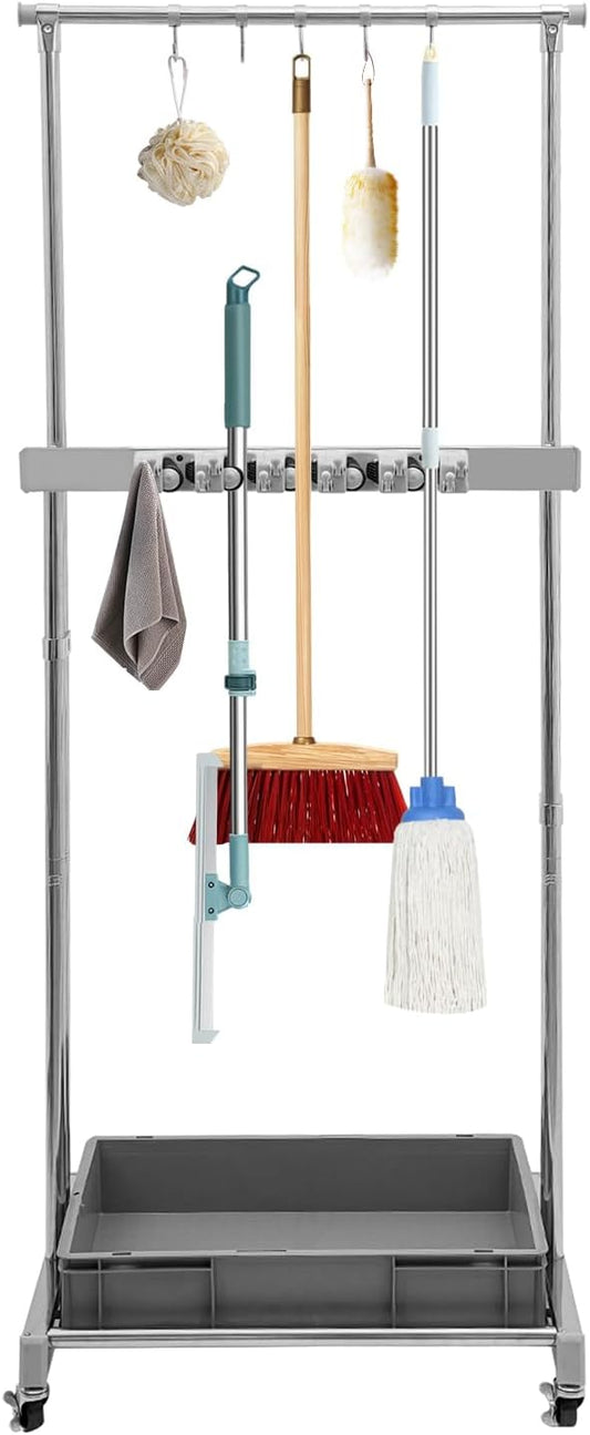 Garden Tool Organizer, 10 Slots with Hooks, Movable Floor-Mounted Mop Rack Floor Standing Cleaning Tool Cart Storage for Garage Organization and Storage, Hold Long-Handled Tool/Rake/Broom (Style 3)