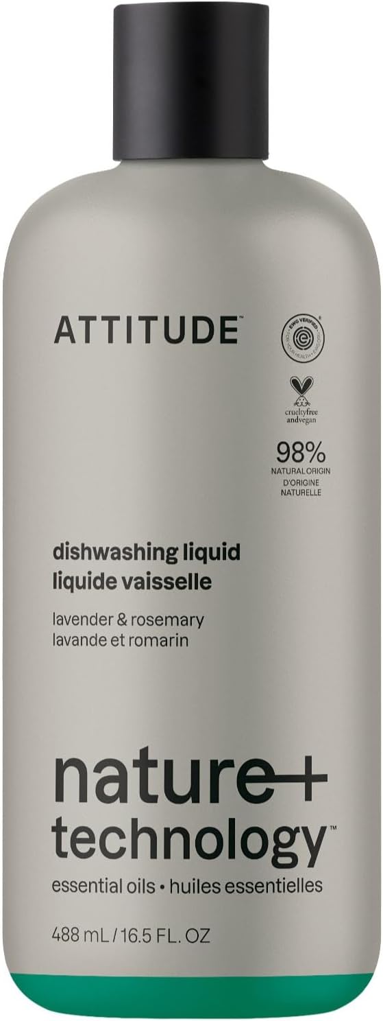 ATTITUDE Dish Soap, Infused with Essential Oils, Plant-Based Ingredients, EWG Verified, Great for Clean and Sparkling Dishes, Vegan Dishwashing Liquid, Lavender & Rosemary, 16.5 Fl Oz