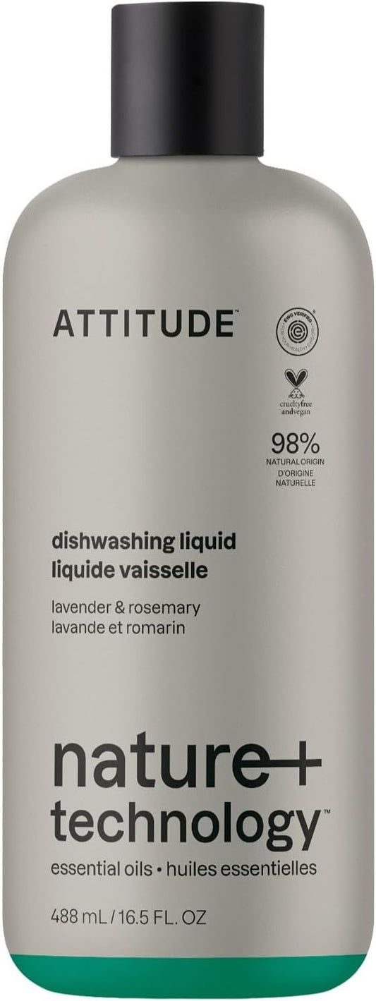 ATTITUDE Dish Soap, Infused with Essential Oils, Plant-Based Ingredients, EWG Verified, Great for Clean and Sparkling Dishes, Vegan Dishwashing Liquid, Lavender & Rosemary, 16.5 Fl Oz